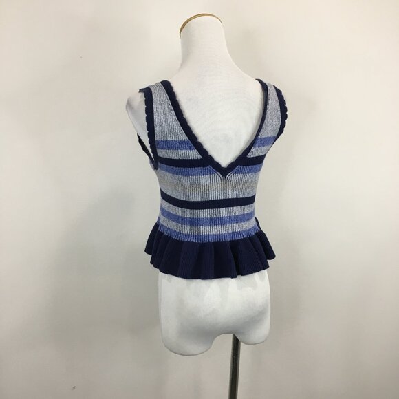 BCBGENERATION Striped Ribbed Stretch Knit Peplum Ruffle Hem V Neck Sweater Top - Picture 10 of 10